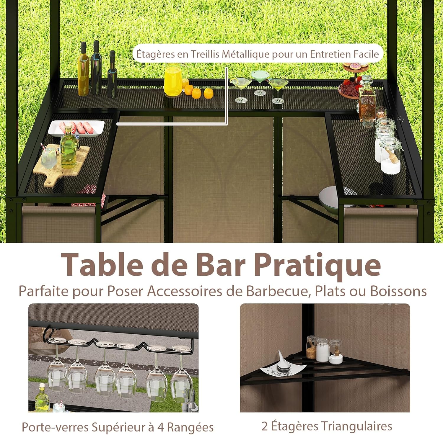 GOPLUS 4 Pcs Ensemble Salon de Bar, Abri Barbecue Jardin Exterieur avec Auvent Latéral, Table de Bar, 2 Tabourets Pliants, Crochet et 4 Rangées Porte-Verres (Café|Auvent|Chaises)