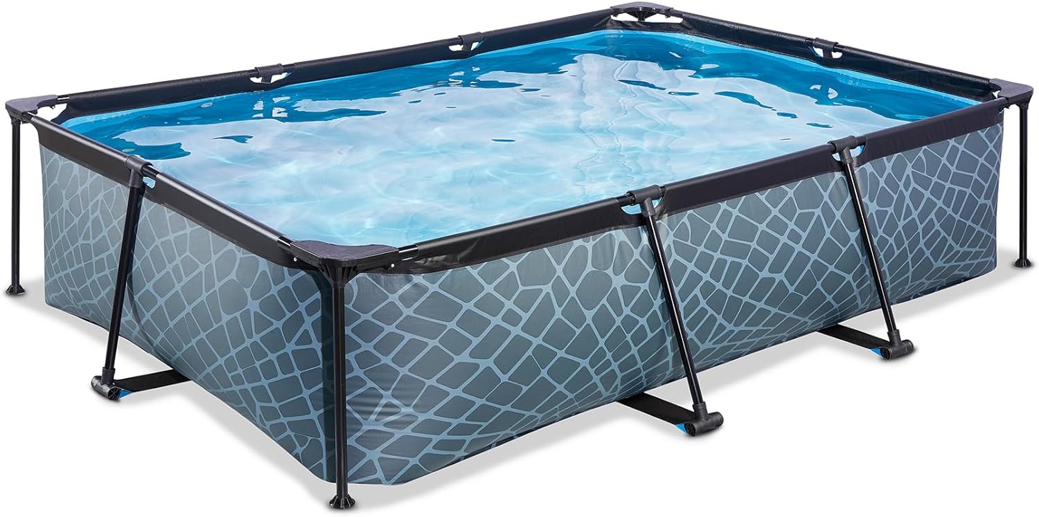 EXIT TOYS Piscine Stone - 300x200x65cm - Piscine Hors Sol Rectangulaire avec Pompe Filtrante à Cartouche - Entrée Basse - Idéal pour Les Jeunes Enfants - Cadre Stable - Design Unique - Gris