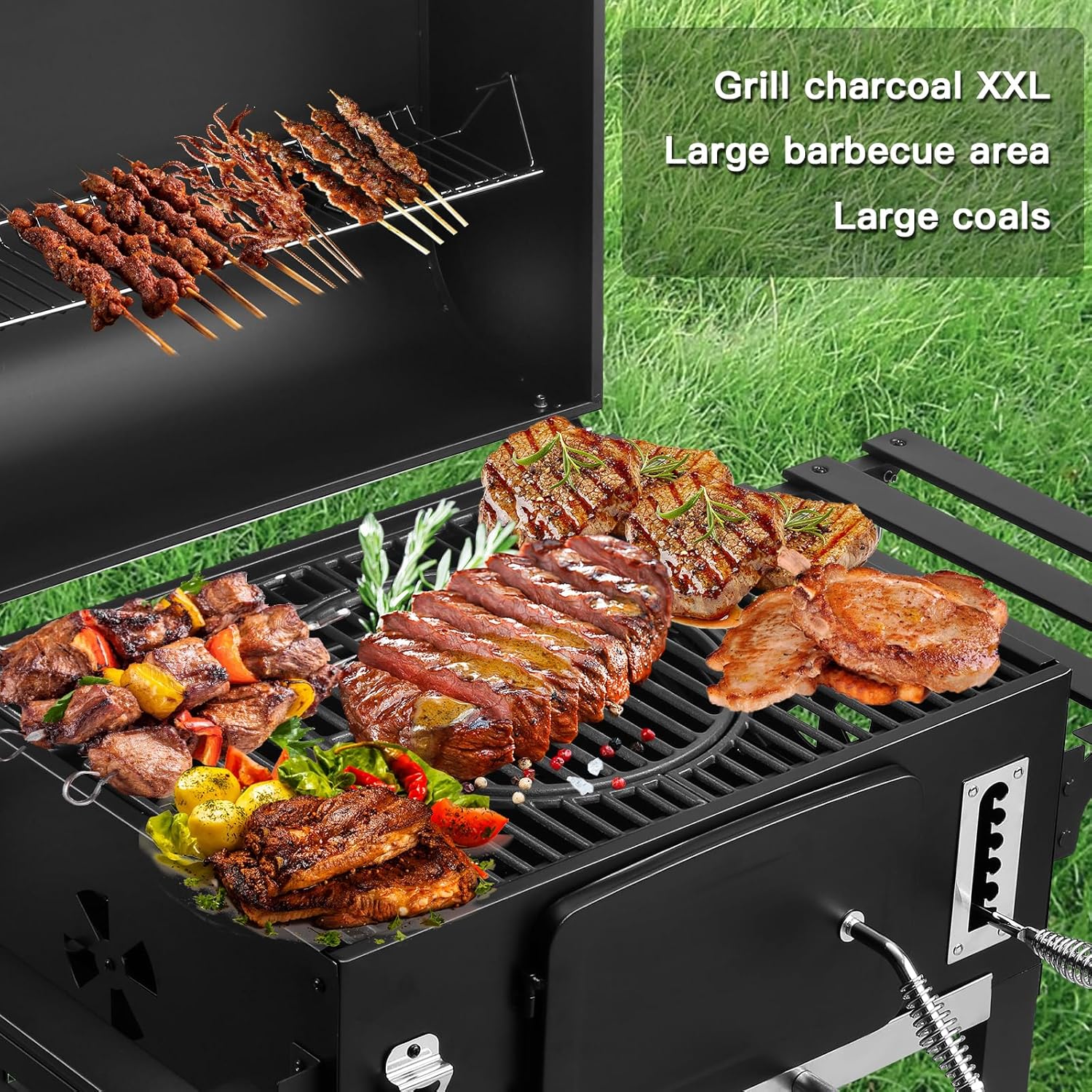 TEENO - Chariot XXL barbecue charbon, couvercle, thermomètre, gants, fumoir