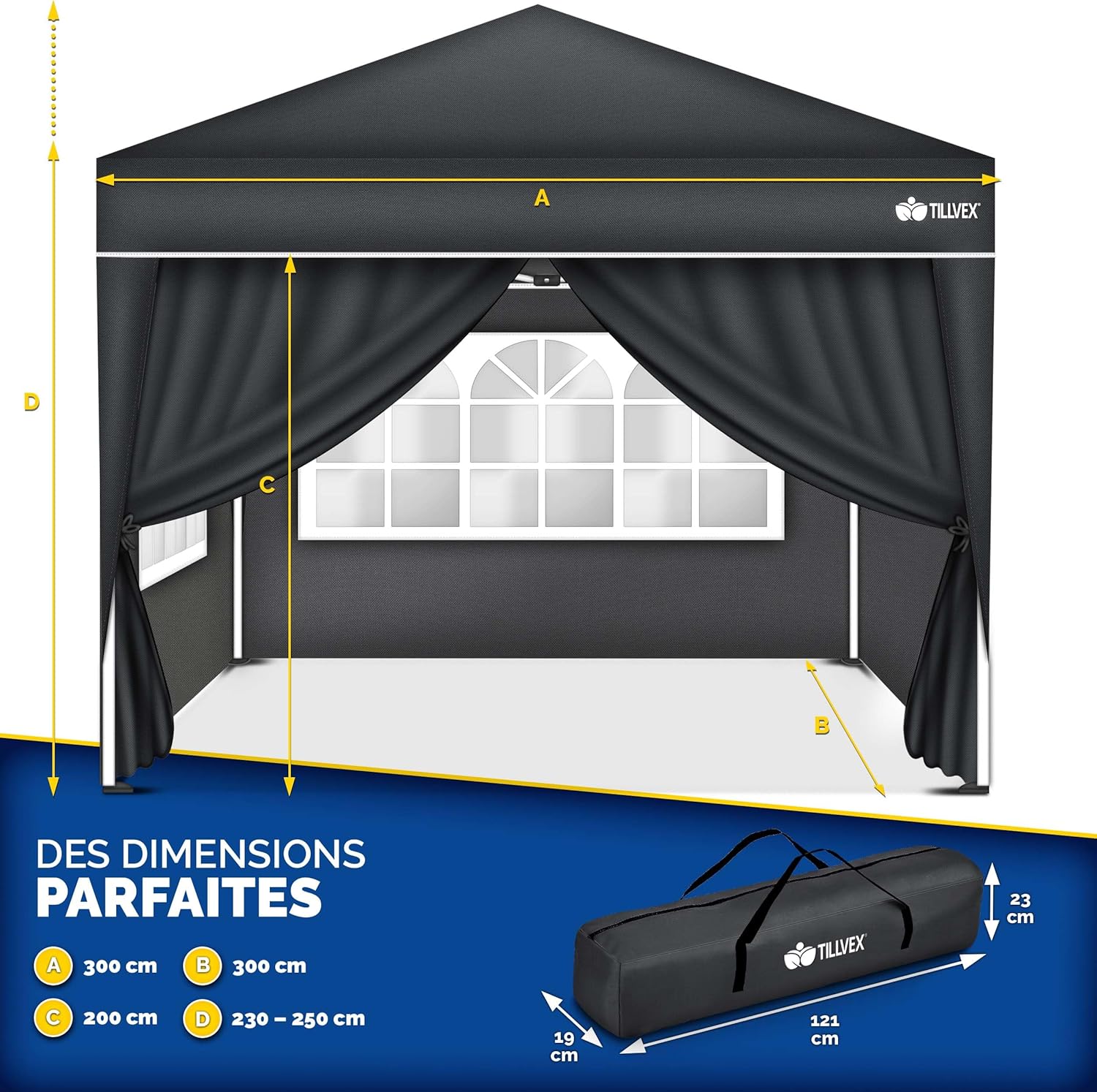 Tillvex - Tonnelle pliante 3x3m - Réglable, UV50+, sac inclus