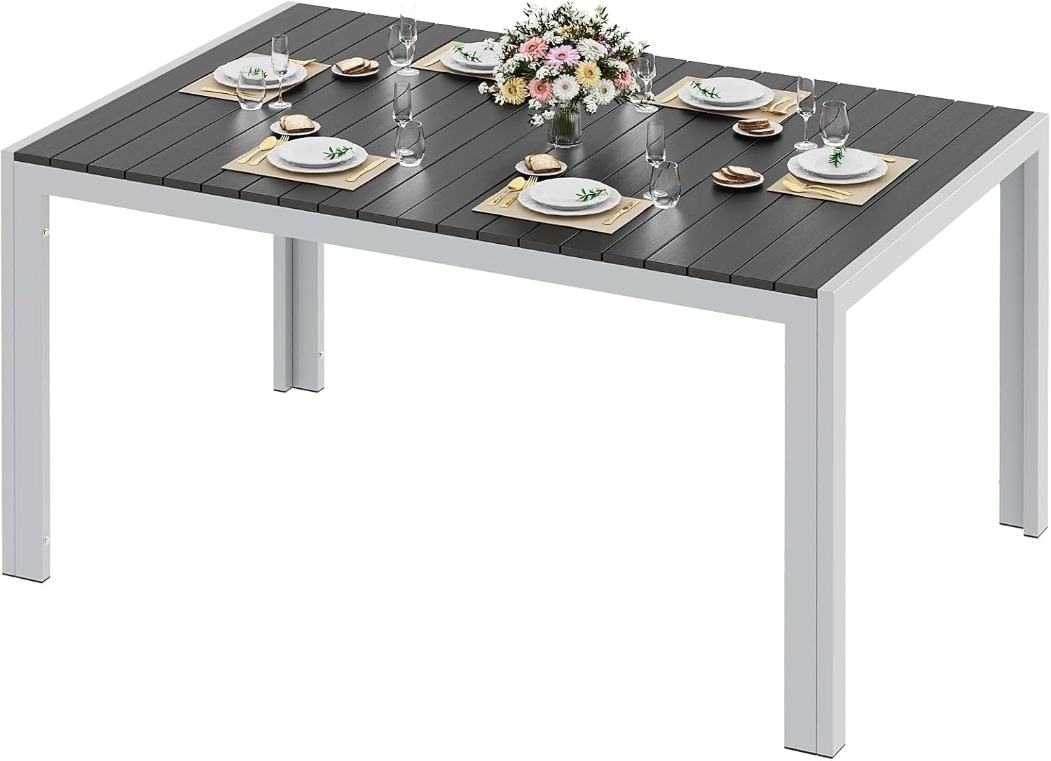 LIFERUN - table de jardin rectangulaire - 140x90x75 cm - aluminium et WPC, 6 places, noire