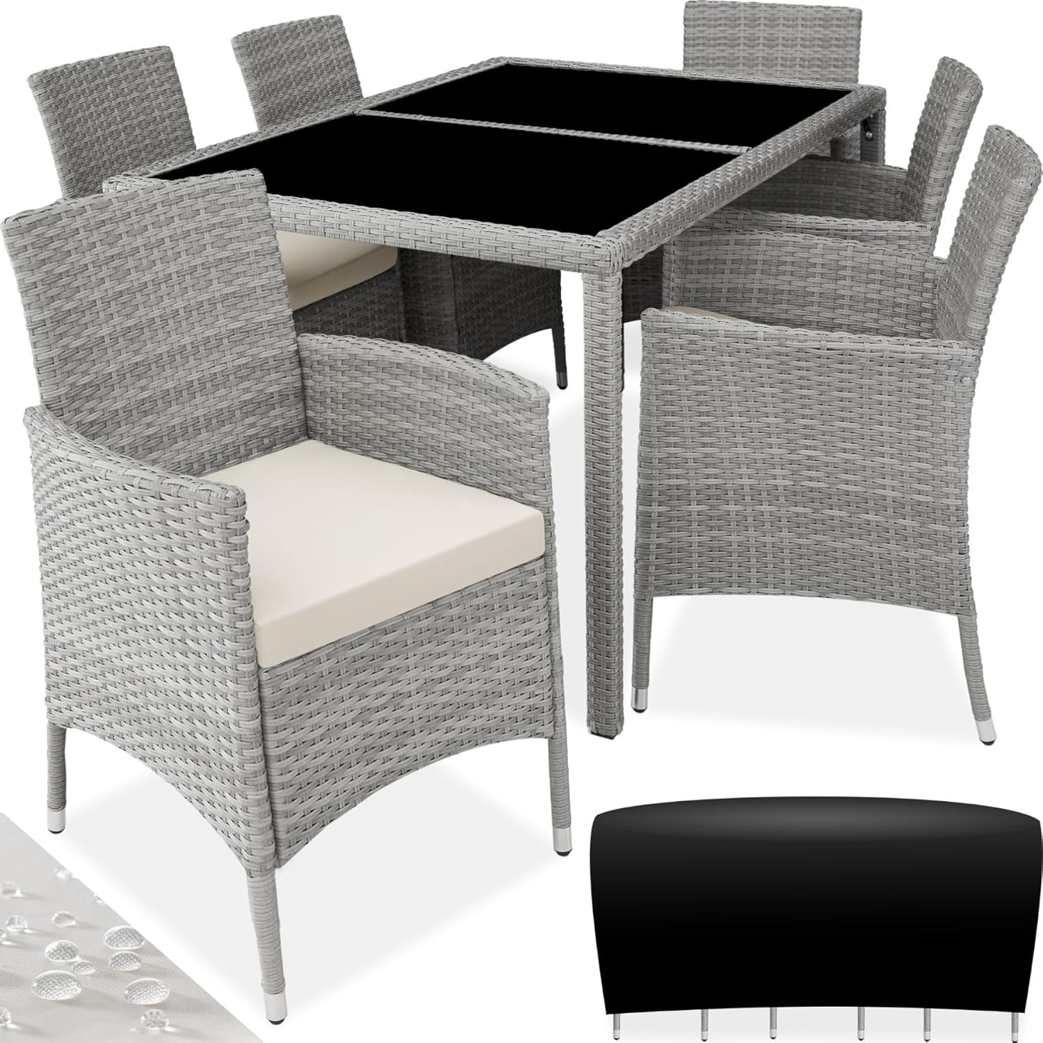 tectake - Salon jardin poly rotin, table et 6 chaises, UV, gris clair/crème