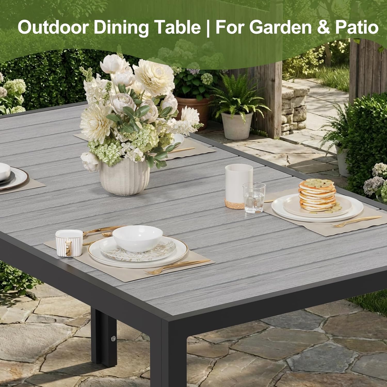 JUMMICO - Table de jardin 150x80cm - aluminium, aspect bois, antirouille