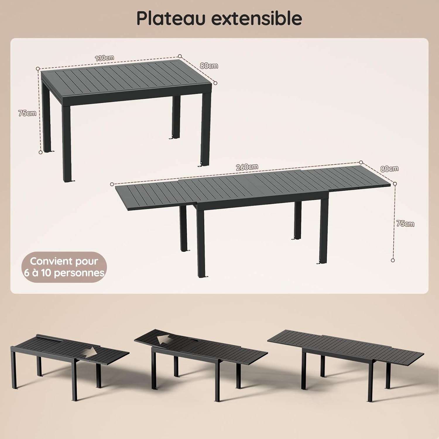 Devoko - Table de jardin extensible - 130/260x80x75 cm - Aluminium, résistante intempéries, extérieur, gris