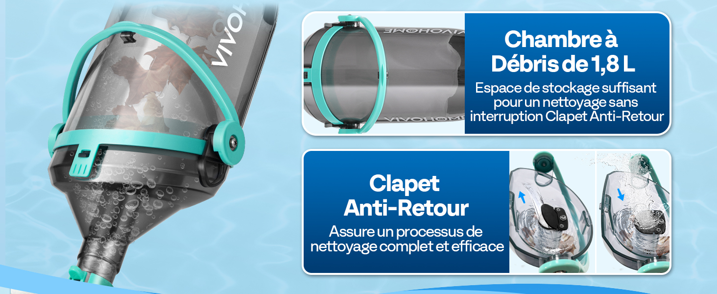 Le texte indique « Chambre à balais de 1,6 L » et « Clapet Anti-Retour ». Schémas techniques des produits montrant les composants internes et les mesures.