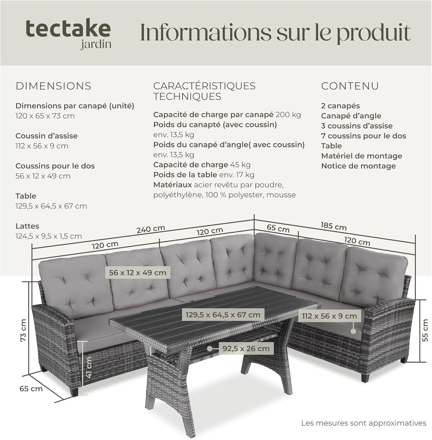 Tectake - salon de jardin XXL canapé 6 places table poly rotin rembourré