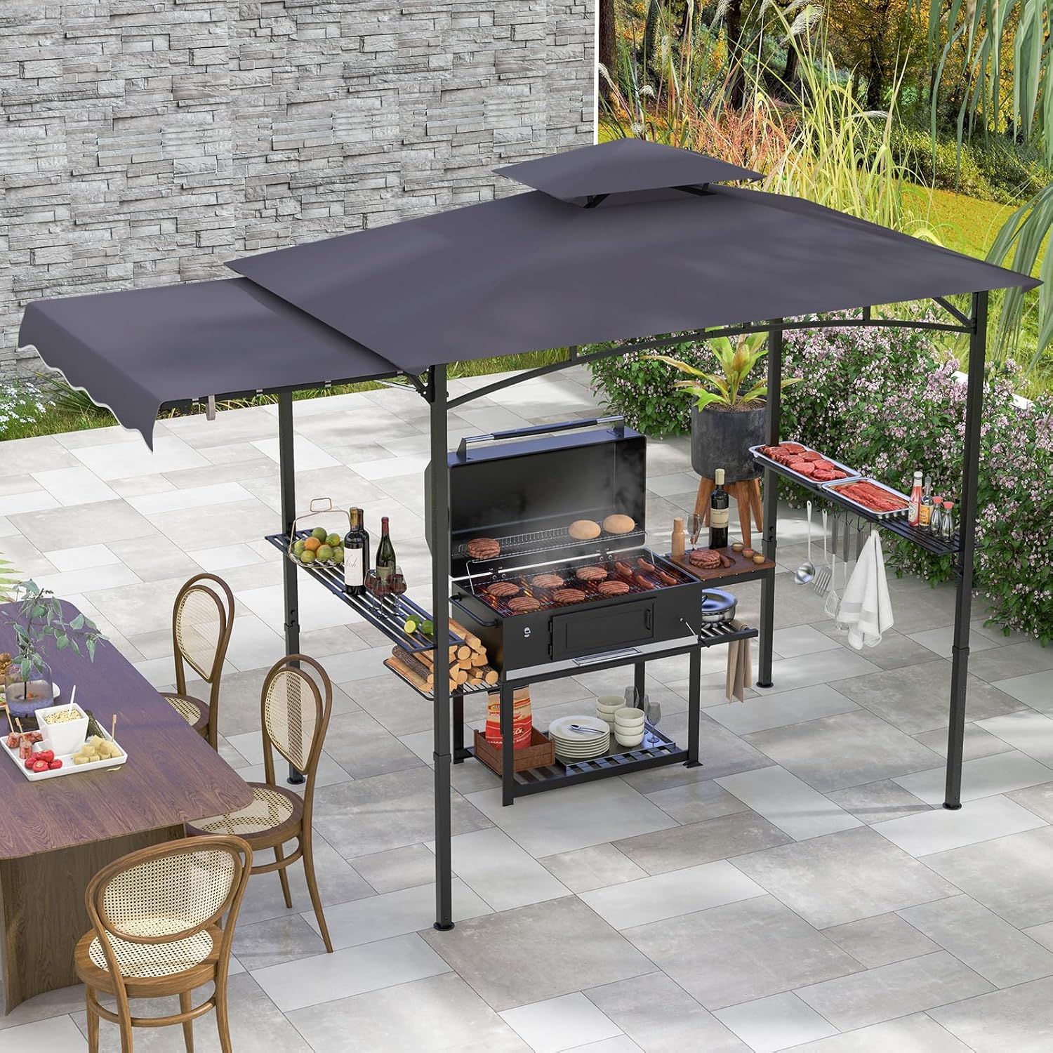 GOPLUS Tonnelle pour Barbecue avec Auvent Latéral, Abri Barbecue Extérieur avec Dessus à 2 Niveaux, Crochets, Décapsuleur, Dessus Souple, pour Jardin, Cour (242+84x126x250CM|Gris Foncé)