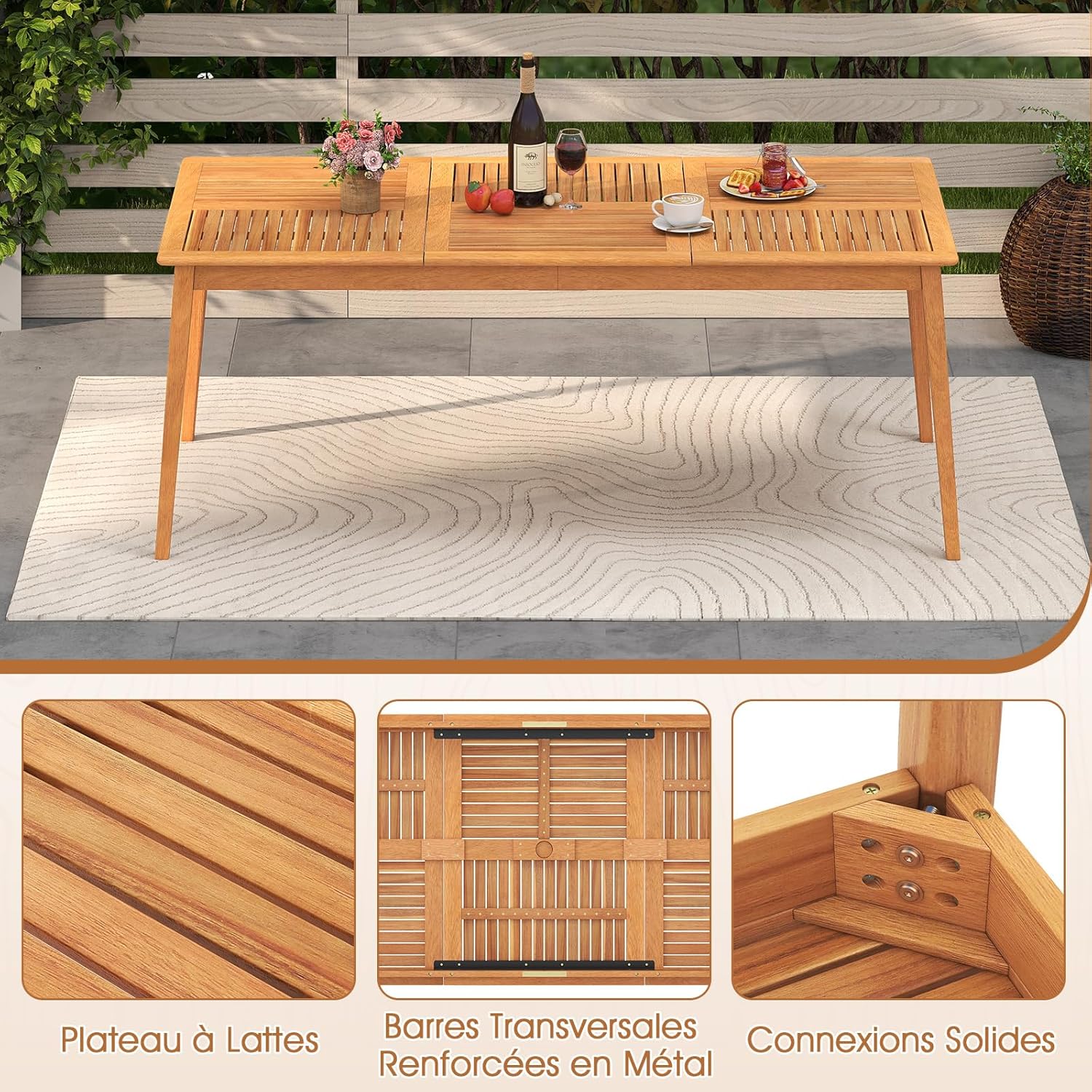 COSTWAY - Table de jardin en bois d'acacia - 200x90 cm - 8 personnes, trou parasol 5 cm