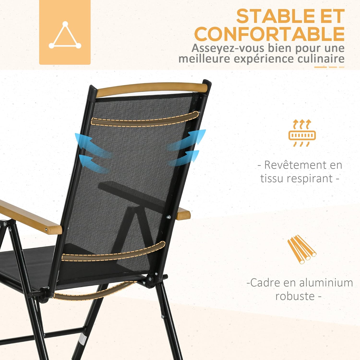Outsunny - Salon de jardin aluminium 190 cm, 6 chaises pliables inclinables, bois naturel