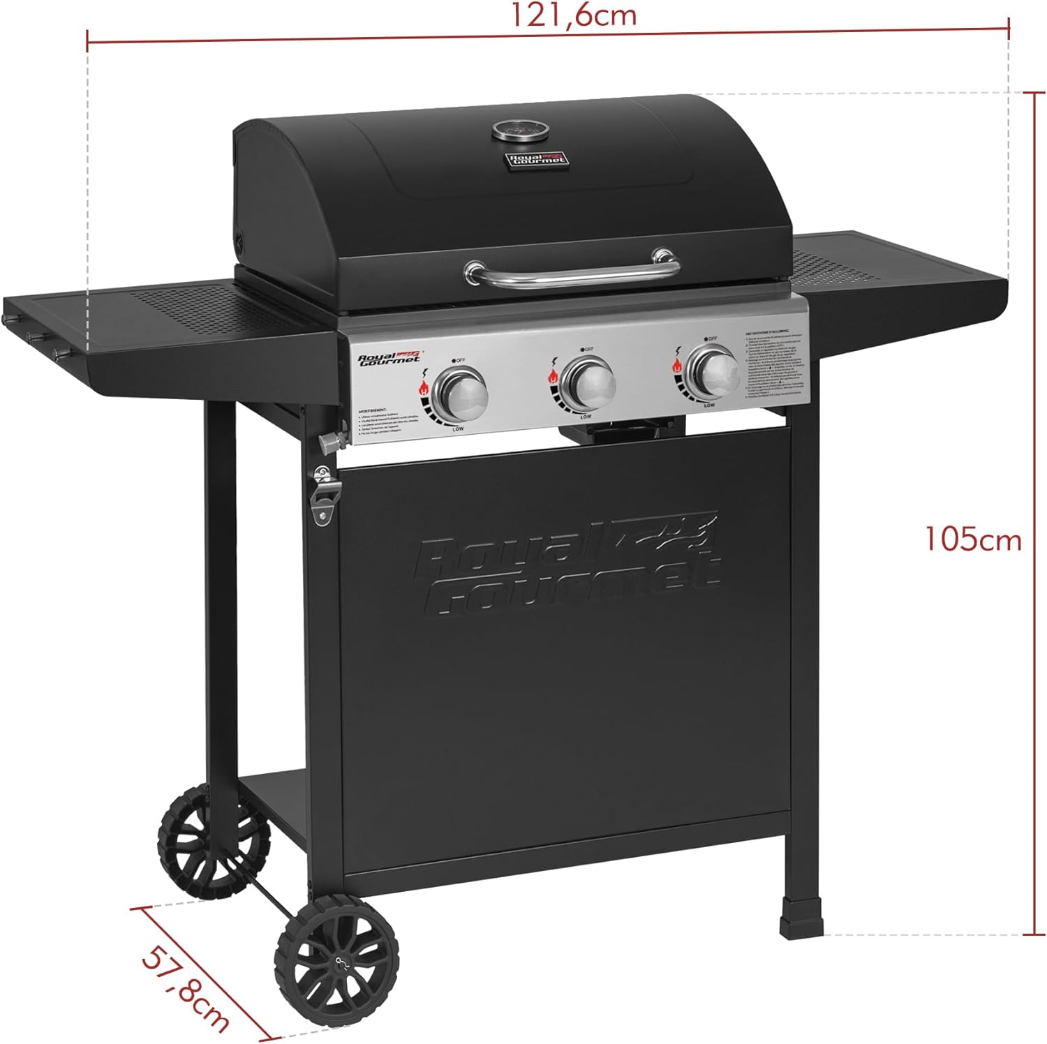 Royal Gourmet – BBQ Gaz 3 brûleurs – 9kW – chariot, capot, grilles, jardin
