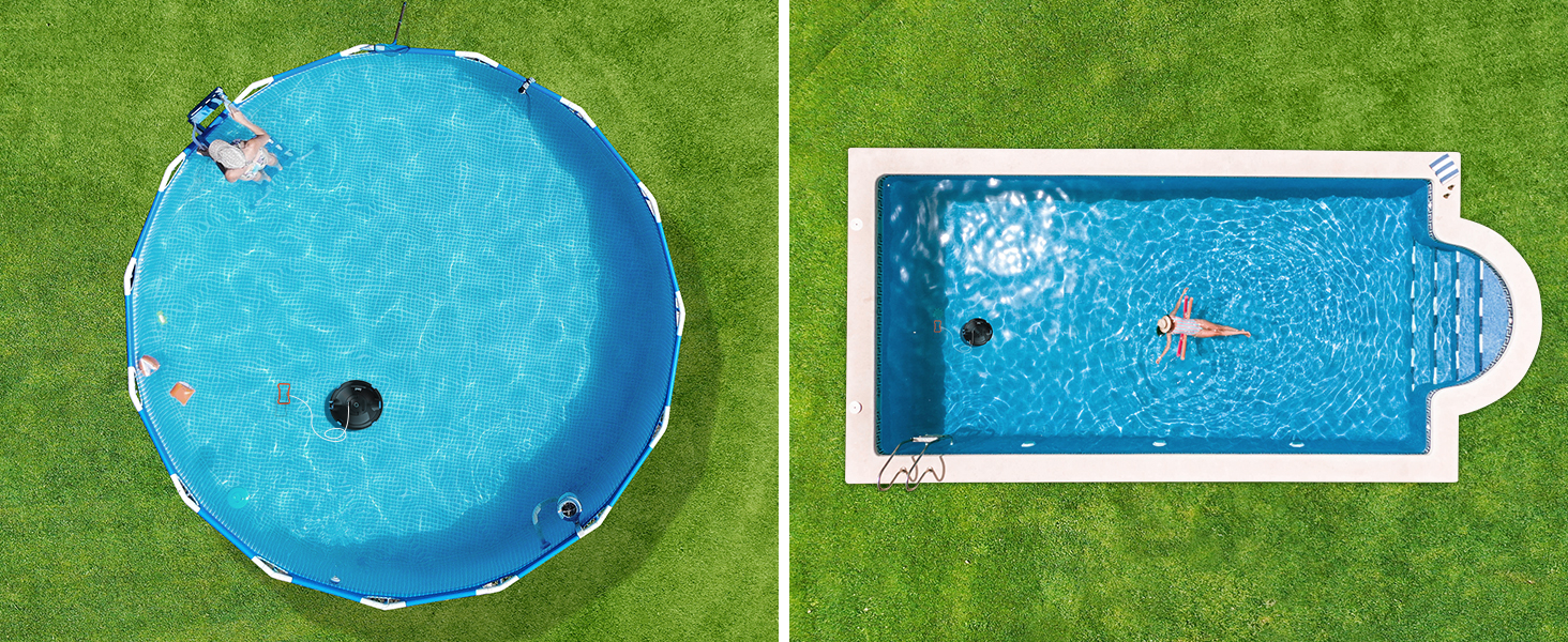 Deux vues aériennes de piscines sur gazon vert : piscine circulaire avec couverture bleue et piscine rectangulaire avec eau bleue. Les deux prises de vue aériennes en perspective montrent les formes de la piscine et les caractéristiques de l'eau.