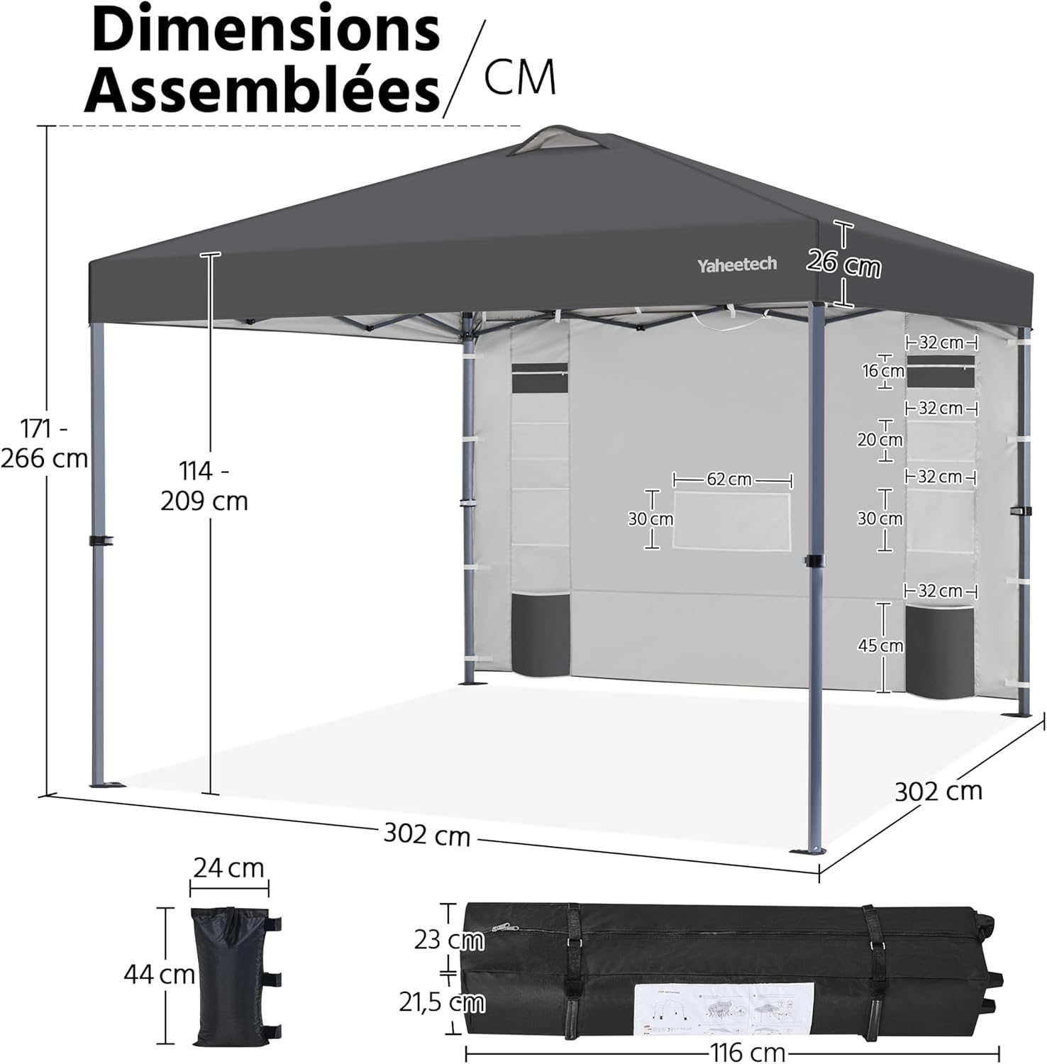 Yaheetech - tonnelle pliante réglable - imperméable, anti-UV, parois latérales