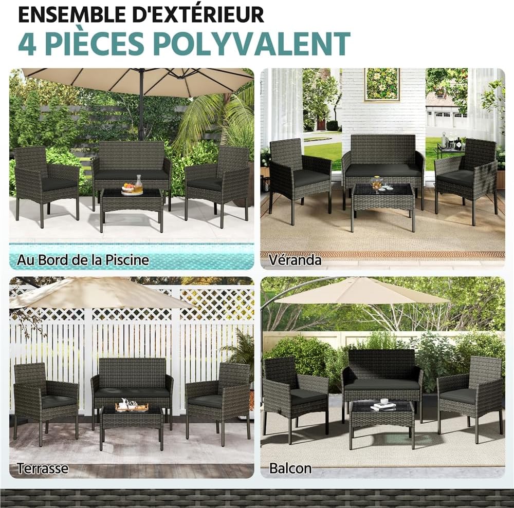 Yaheetech - Salon de Jardin 4 pièces - Polyrotin métal - Canapé 2 places, fauteuils, coussins, table basse
