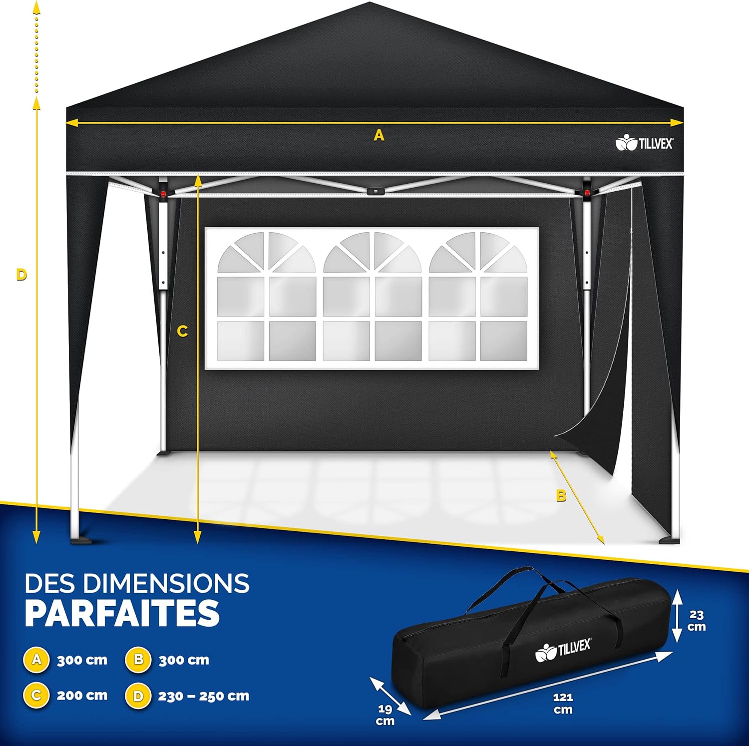 tillvex Tonnelle de Jardin 3 x 3 m Pliable avec 2 côtés | Tente de Jardin Pliante réglable en Hauteur | Auvent Pliant pour Camping, Festival, Plage, Jardin | Protection UV 50+ | avec Sac de Jardin