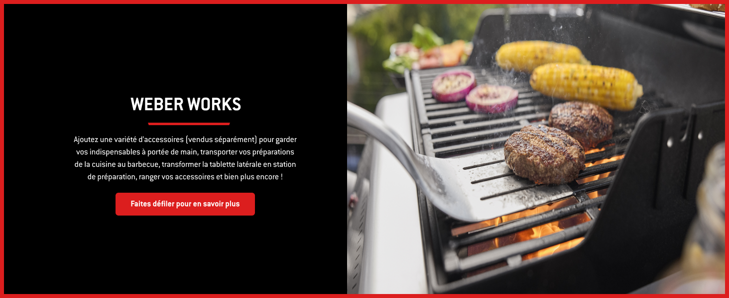 Le texte indique « OÙ TRAVAILLE ». Images de démonstration de produit montrant de la viande grillée sur un barbecue avec un texte promotionnel superposé.