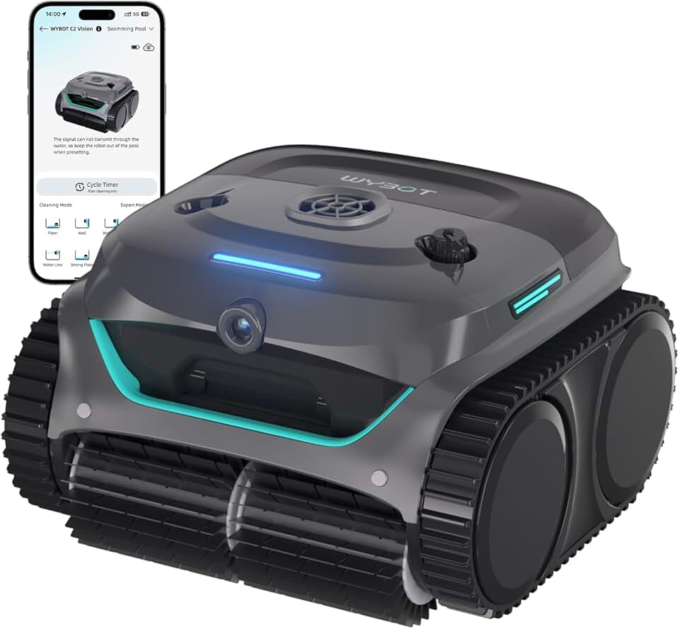 WYBOT (Nouveau Modèle) Robot Piscine sans Fil C2 Vision-A avec caméra IA, Filtration Ultra-Fine, Forte Aspiration, Nettoyage Fond/parois & Ligne d’Eau, Navigation Intelligente – Bleu-Vert Gris