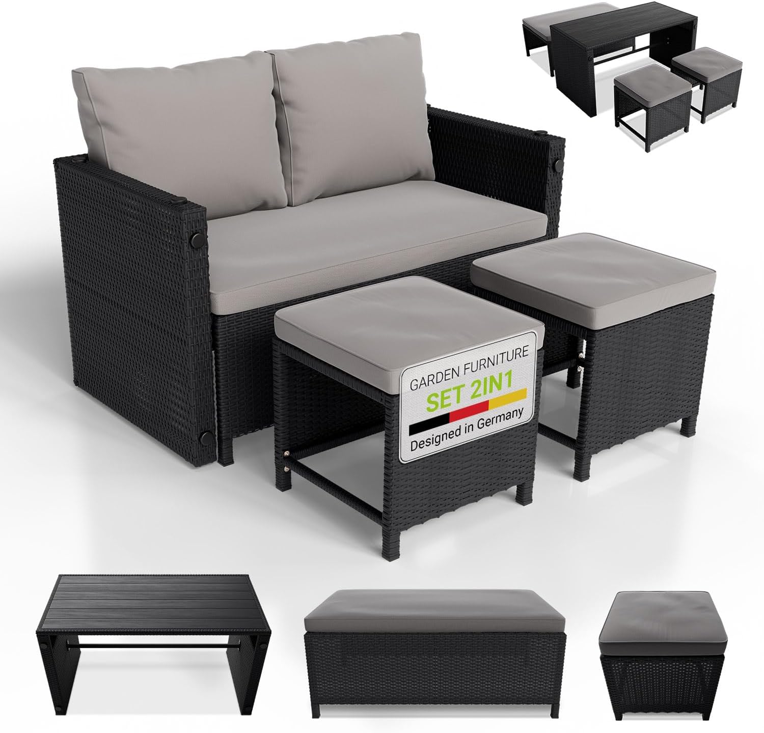 Juskys - Jamaika 2 en 1 - table, banc, 2 tabourets, coussins lavables, noir gris, jusqu'à 4 personnes