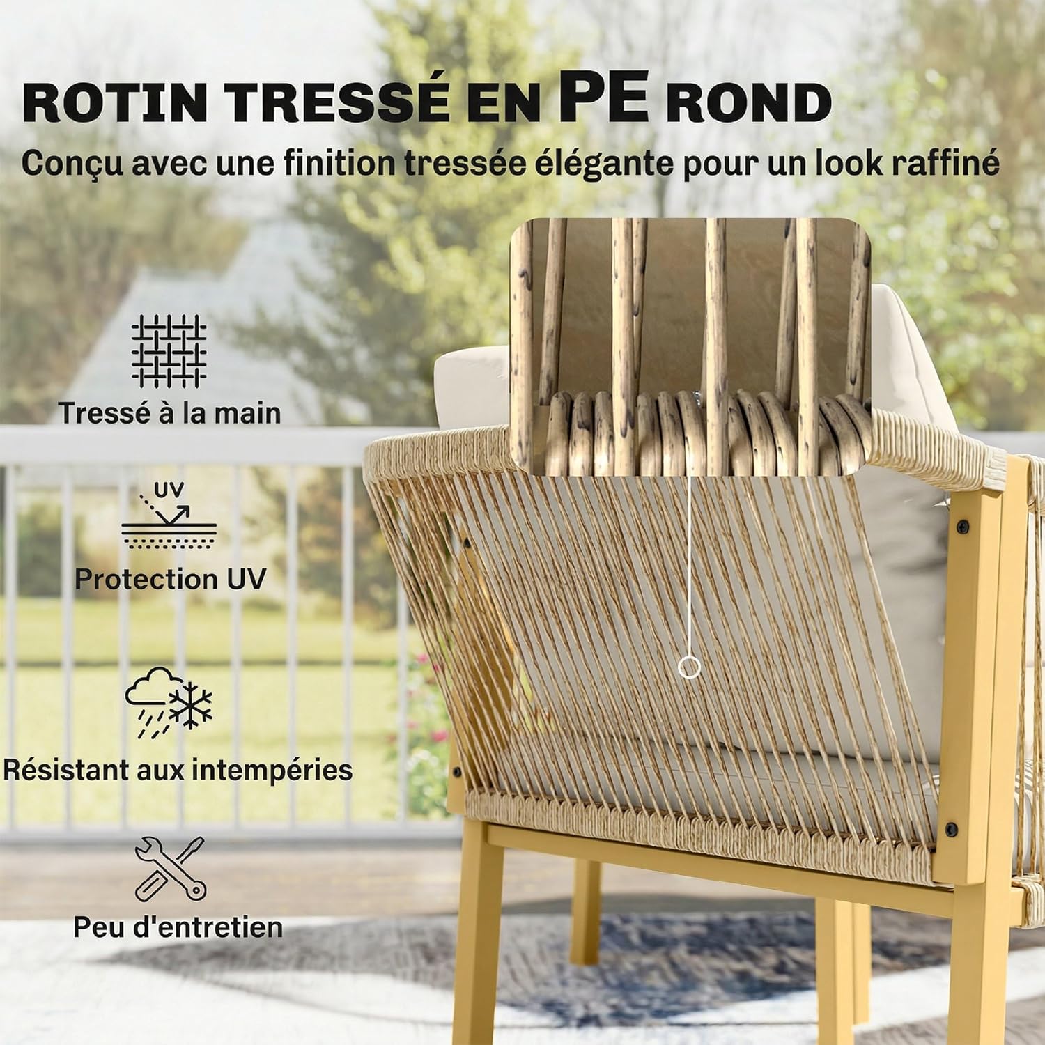 Outsunny - Salon de jardin 4 pcs - canapé 2 places, coussins, table basse, plateau acier imitation bois - kaki