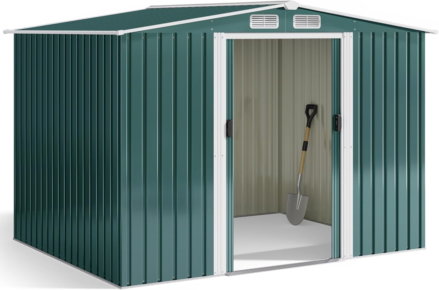 Abri de jardin en métal - 247 x 193 x 179 cm - Avec toit en pente et porte coulissante - Abri à outils avec serrure et gants (vert)