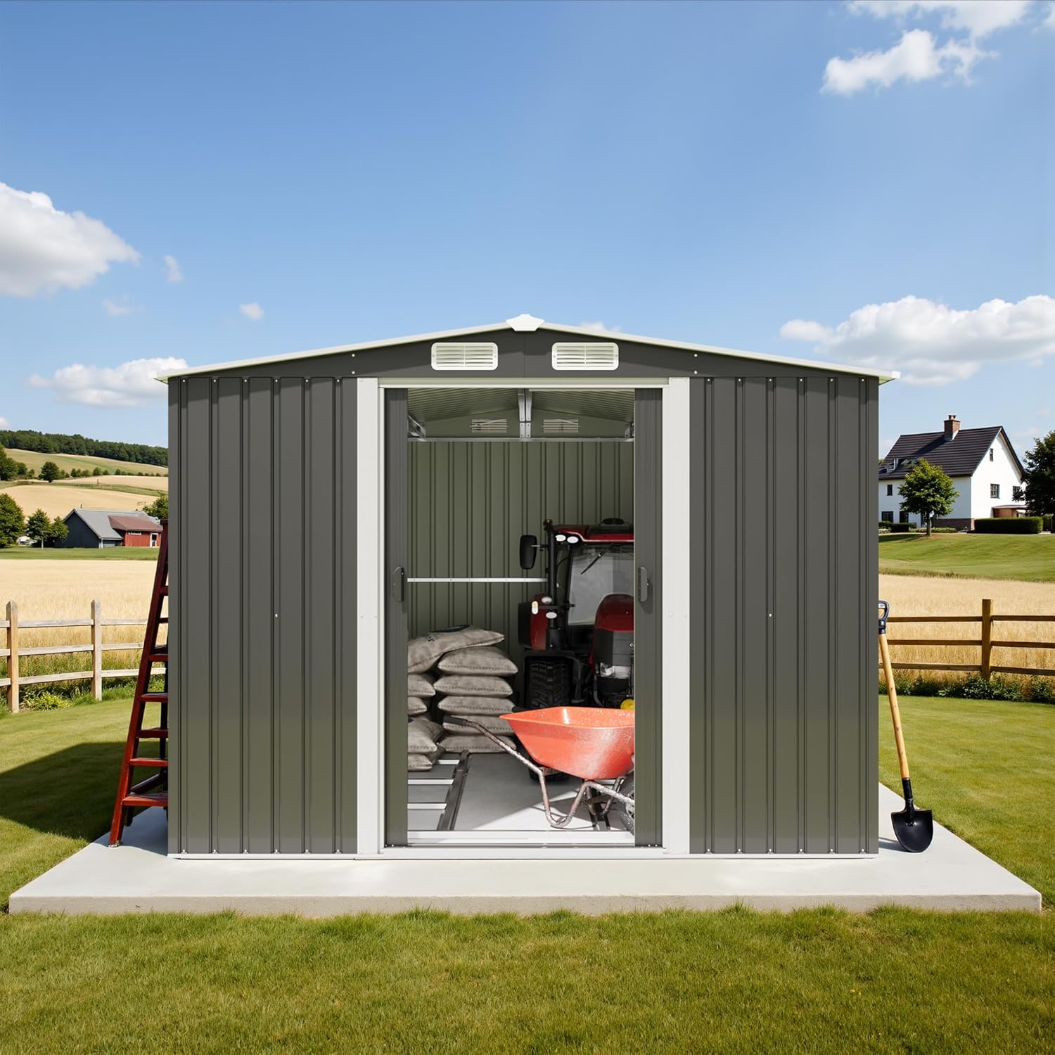 Devoko Abri de jardin en métal 13,2 m³ avec fondation en acier, 247x301x178 cm Grand abri de jardin avec structure de toit stable, extérieur, résistant aux intempéries pour tondeuses et vélos