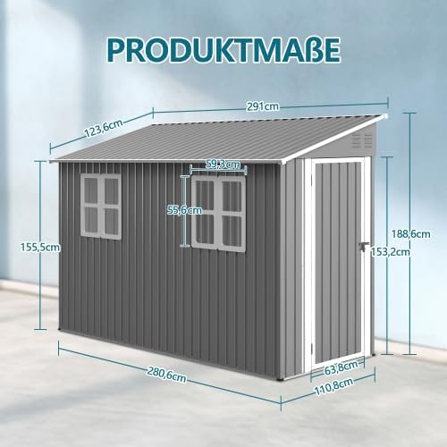 Abri de jardin en métal - 4x10 pieds/1,2x3 m - verrouillable, fenêtres, résistant intempéries