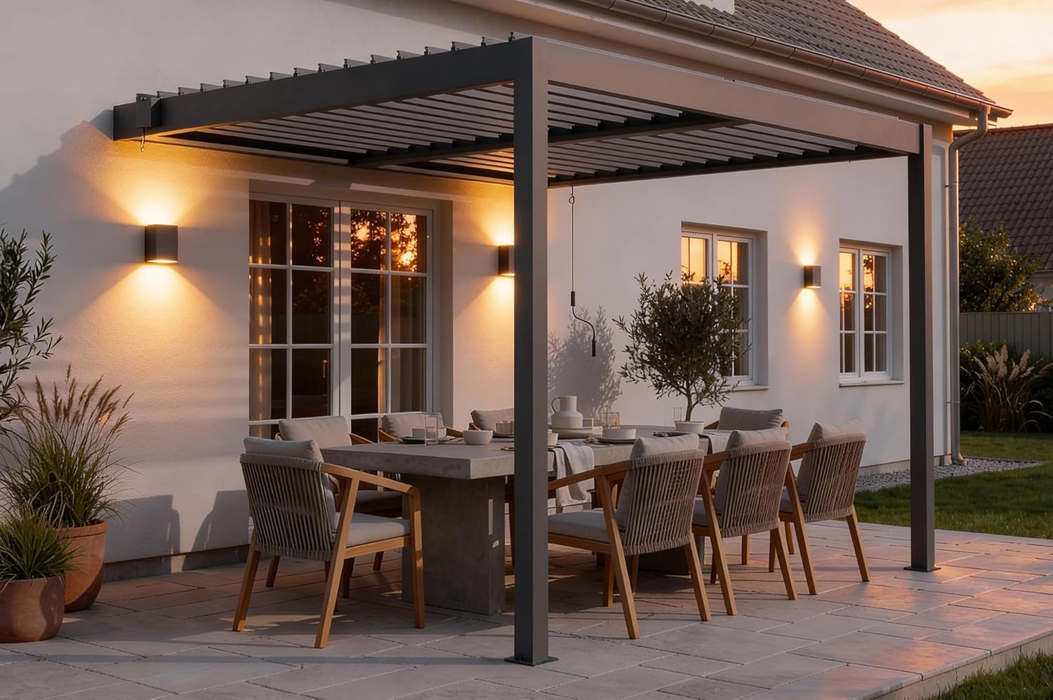 CAZEBOO - Piana - 3x2,5m - Aluminium gris, lames orientables, terrasse 7,8m², manivelle, résistance vent 70km/h