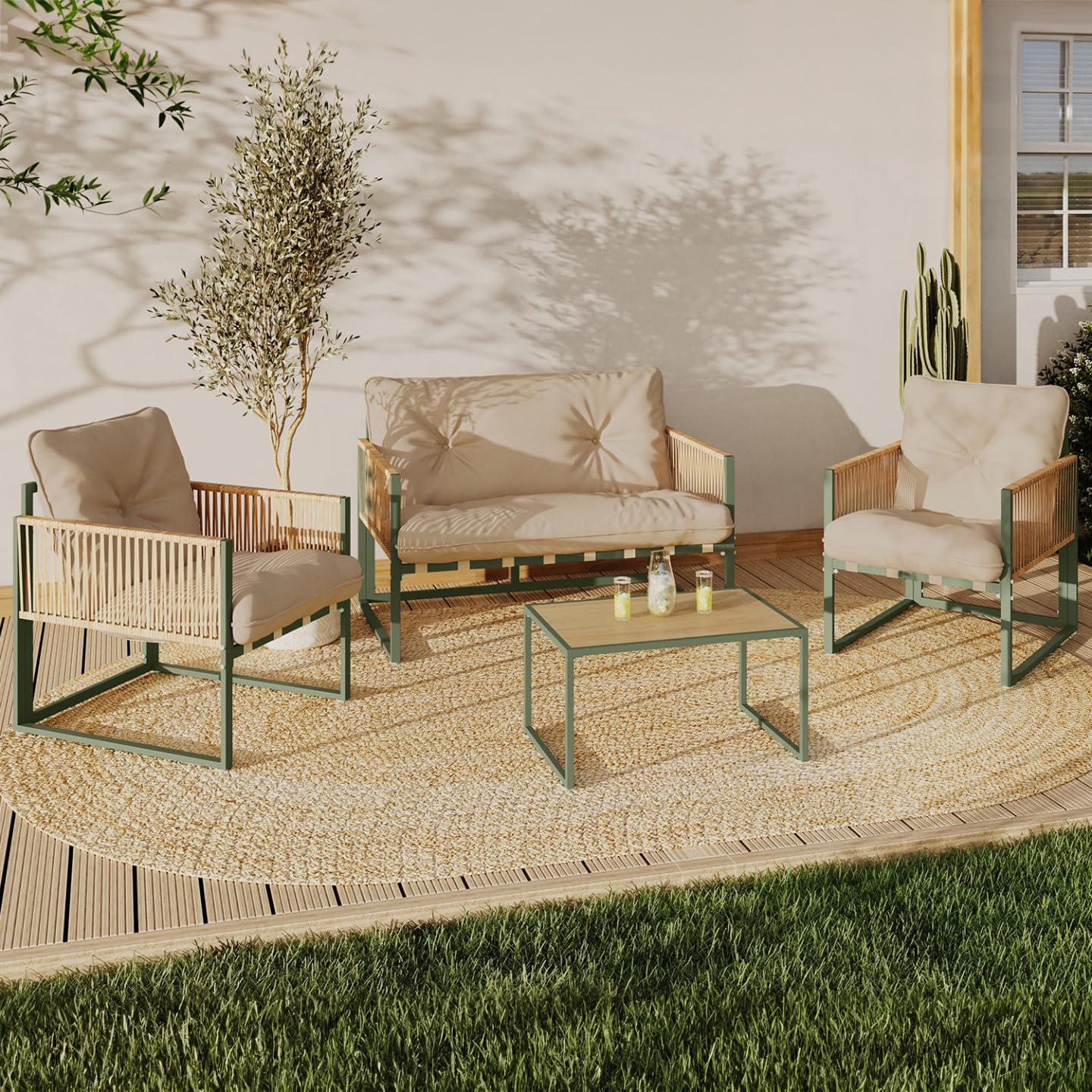 IDMarket - Rio - salon bas 4 places métal vert, cordage rotin, coussins beige