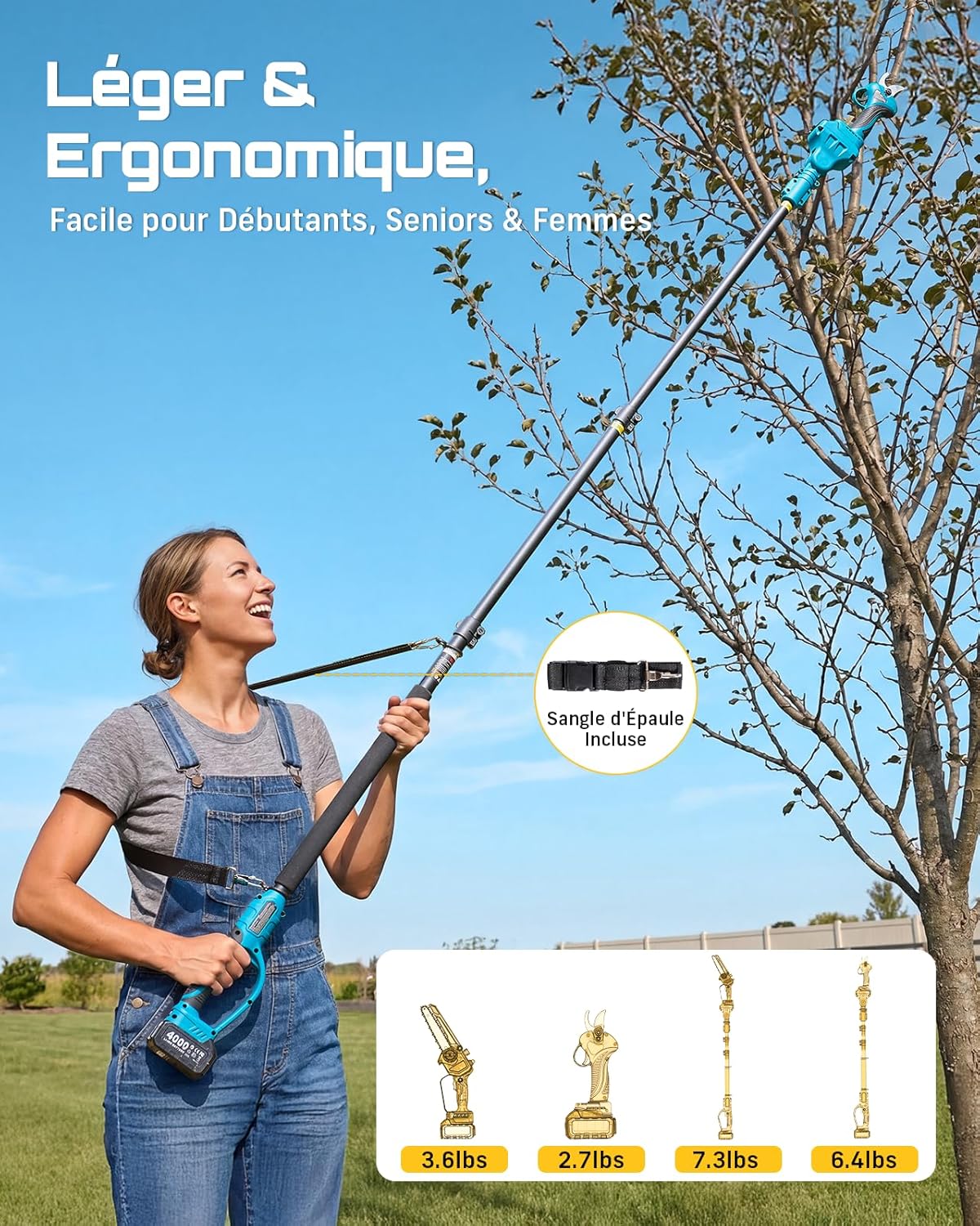 SEESII P6 Combo 6 Pouces Mini Tronconneuse avec Perche & 33 mm Secateur Electrique, 4-en-1 Ensemble d’Outils de Jardin avec 2 * 4000 mAh Batteries, Portée Maximale Jusqu’à 4,57 m