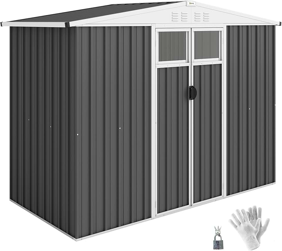 Outsunny Abri de Jardin en métal 2,7 m² cabane de Jardin 246 x 117 x 180 cm cabanon Rangement Outils avec fenêtre, 4 évents et Porte verrouillable, cabanon Jardin extérieur en Acier galvanisé, Gris