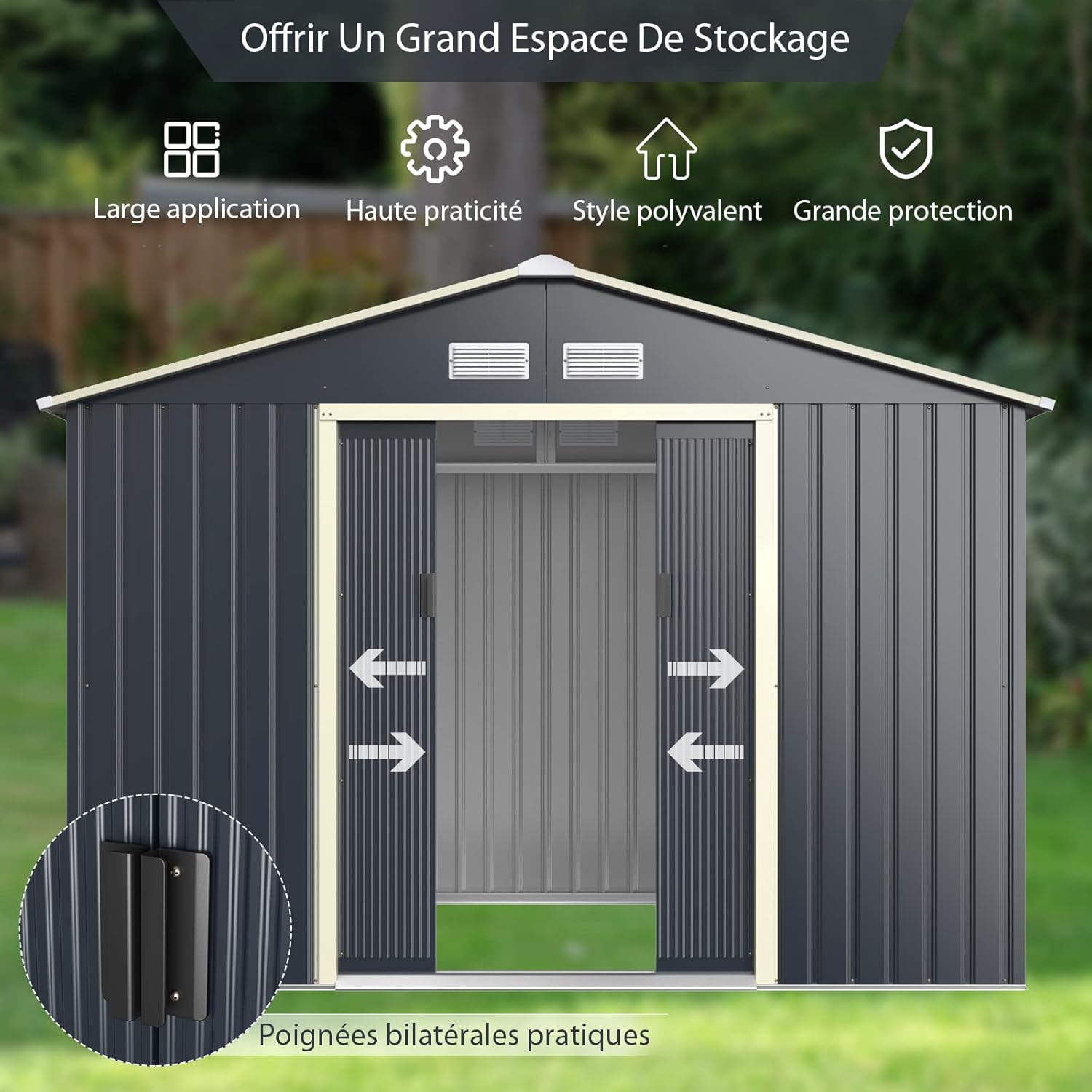 COSTWAY Abri de Jardin en Métal 5.2㎡ avec 2 Portes Coulissantes Verrouillables, Cabane Jardin Rangement 4 Trous d’Aération Toit Penché, pour Vélo, Poubelle, Gris (277,5 x 191 x 202,5cm)