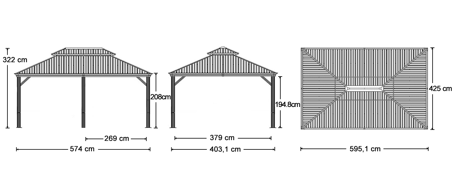 Schéma architectural technique montrant les mesures et les détails structuraux d'une construction à toit en pente, présenté en trois vues