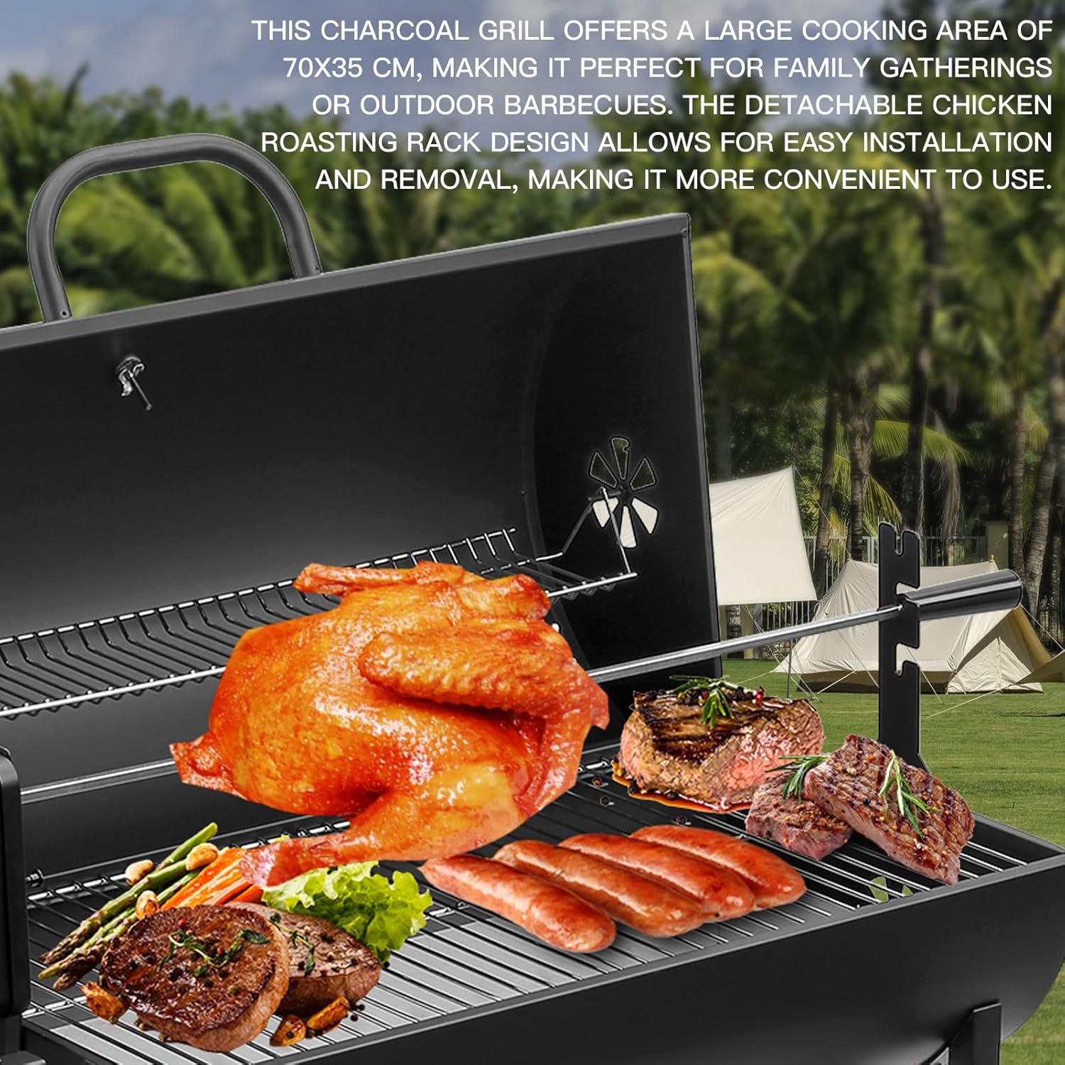 TEENO - Grill XXL - dimensions généreuses - couvercle, thermomètre, tiroir à cendres, gants, évent réglable, grill poule