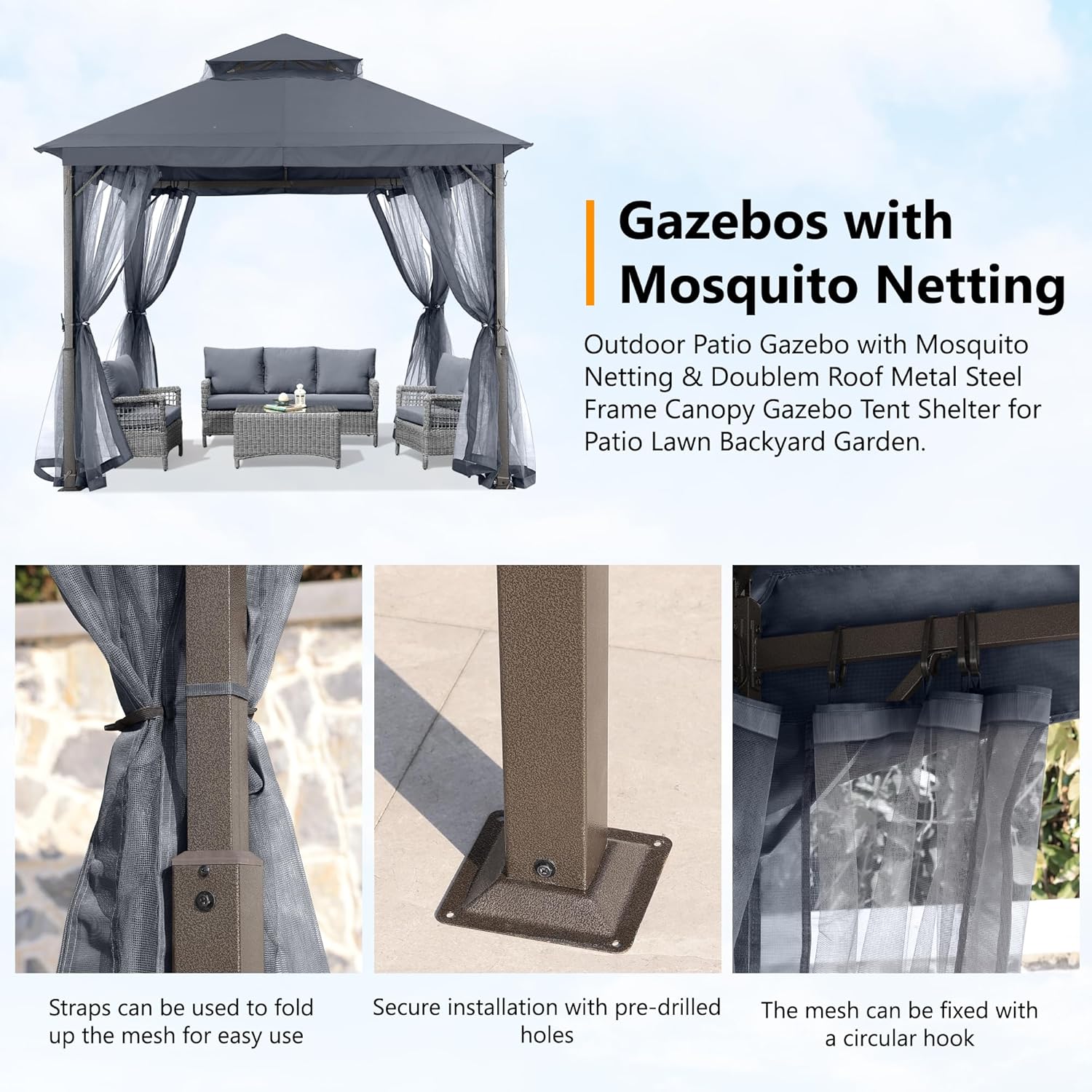 ABCCANOPY - Abri de jardin série terrasse - 2,4x2,4m - acier, moustiquaire, gris foncé