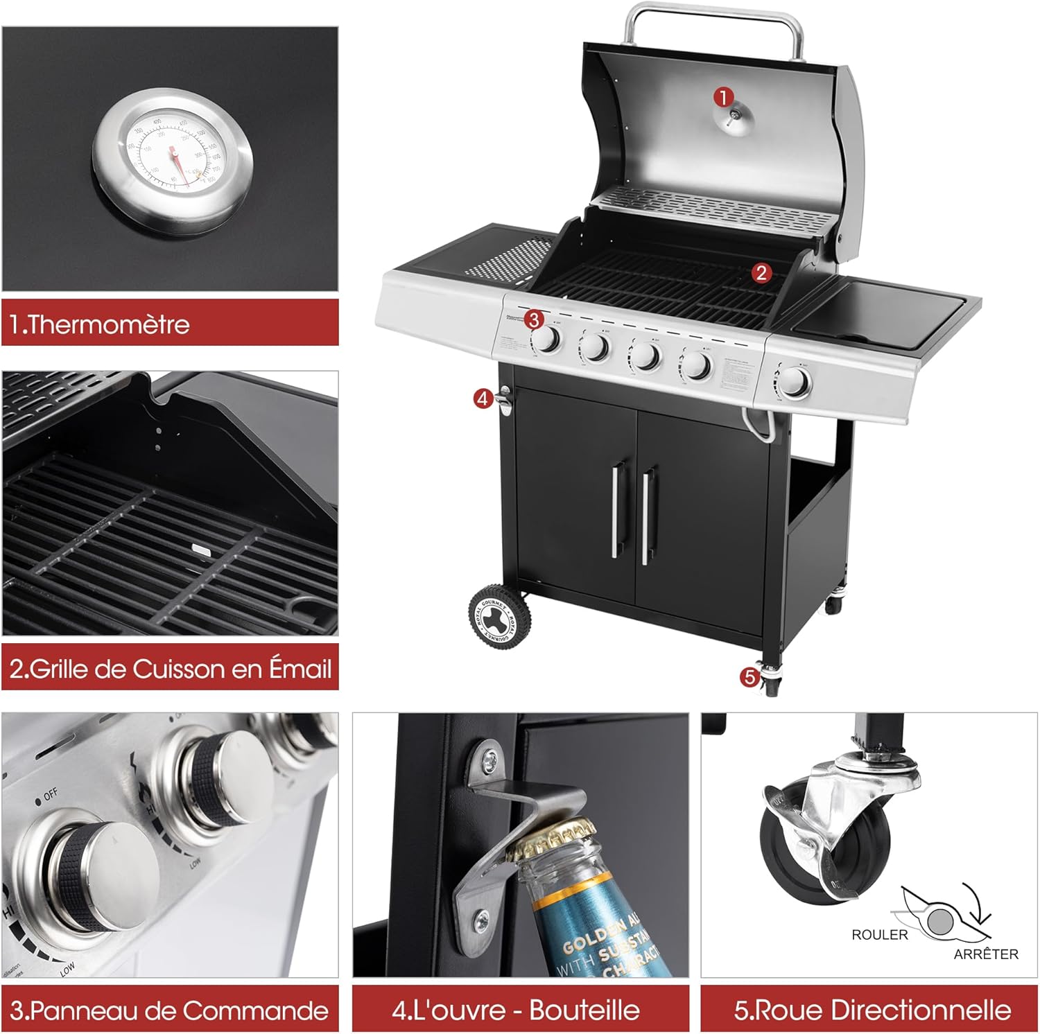 Royal Gourmet – Barbecue Série 4+1 – 14,5kW, inox, tablettes, 2 portes