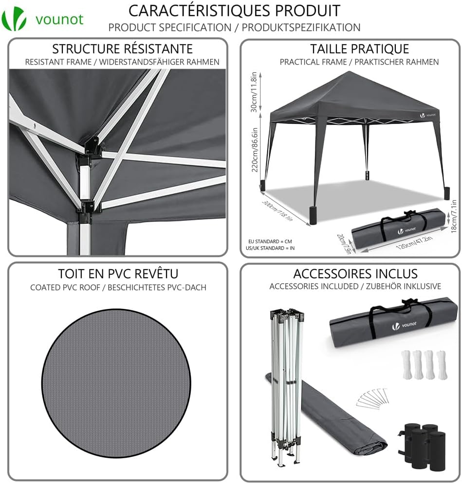 VOUNOT - tonnelle pliante 3x3m - installation rapide, accessoires inclus