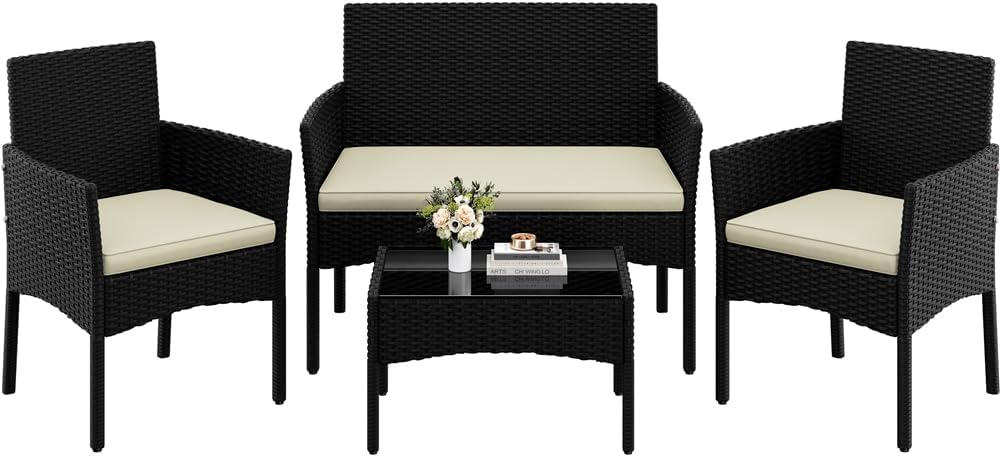 Yaheetech - Salon de jardin 4 places, polyrotin métal, canapé, fauteuils, table, coussins