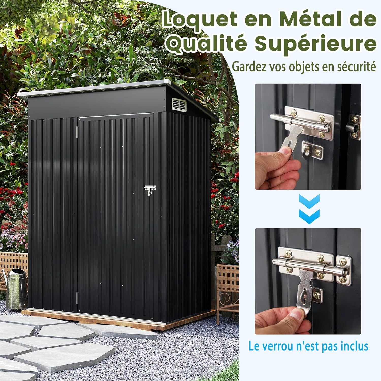 RELAX4LIFE - abri de jardin acier galva 150x88x185cm, toit incliné, porte, gants