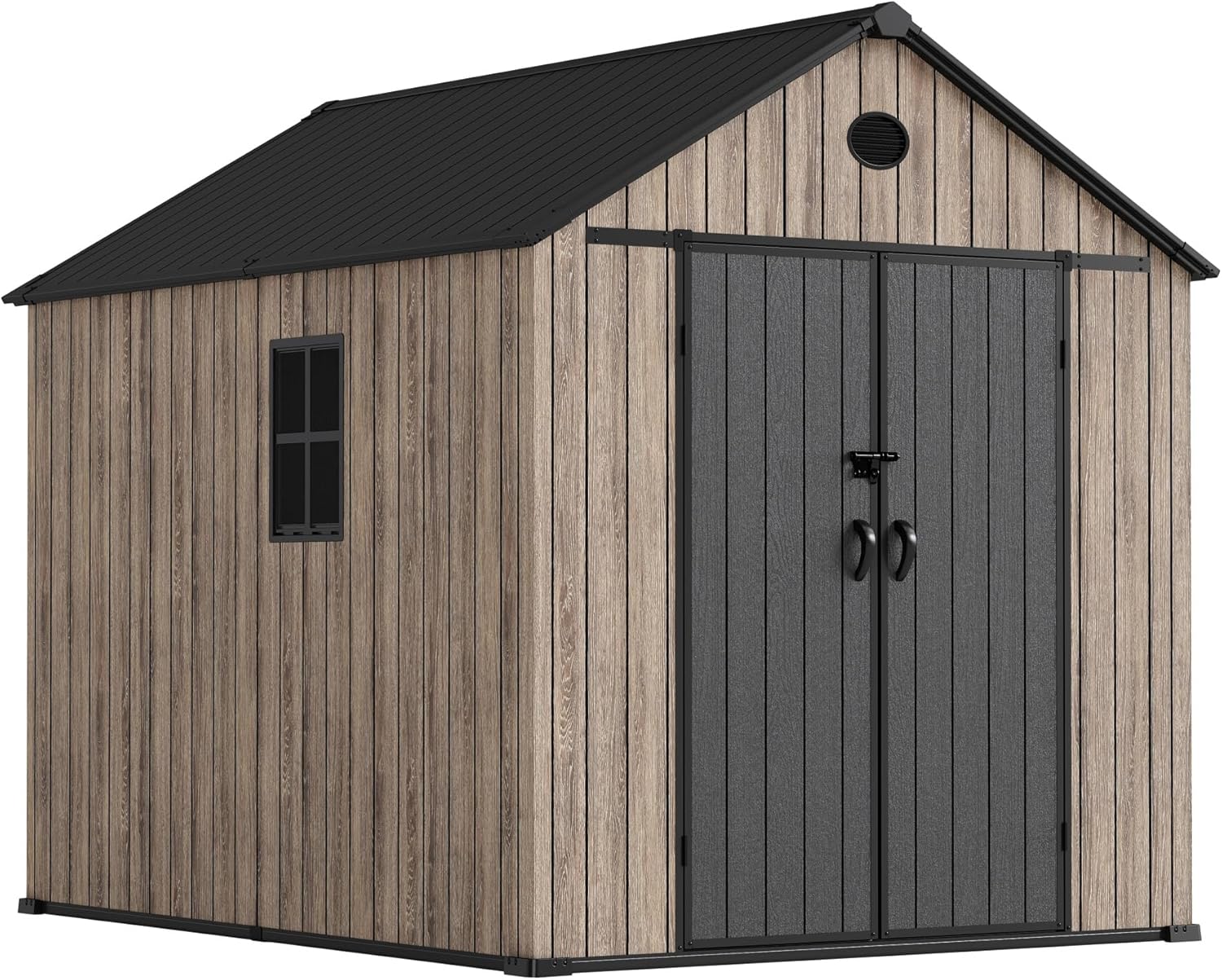Hoggar Abri de jardin en résine 6,41 m² Oak O60 - Sol inclus - Fenêtre latérale - Aspect bois premium - Double porte large - Protection UV et imperméable - Fermeture par goupille - Ventilations