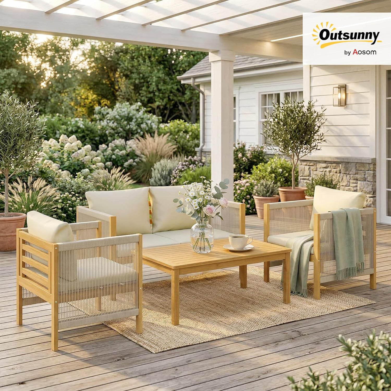 Outsunny - Salon de Jardin en Bois d'Acacia 4 pièces - Canapé, fauteuils, table - Coussins déhoussables, corde tressée, 