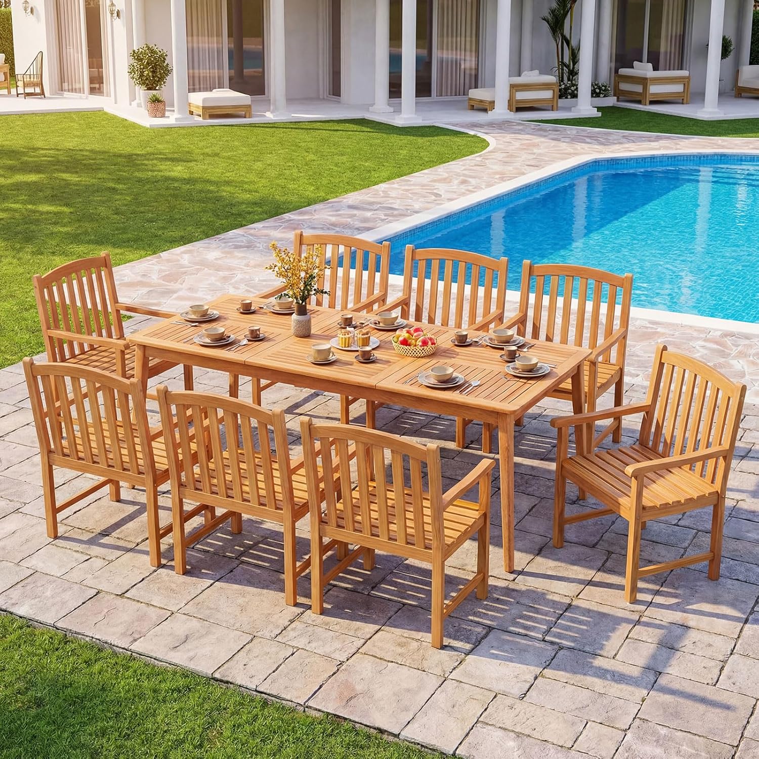 COSTWAY - Table de jardin en bois d'acacia - 200x90 cm - 8 personnes, trou parasol 5 cm