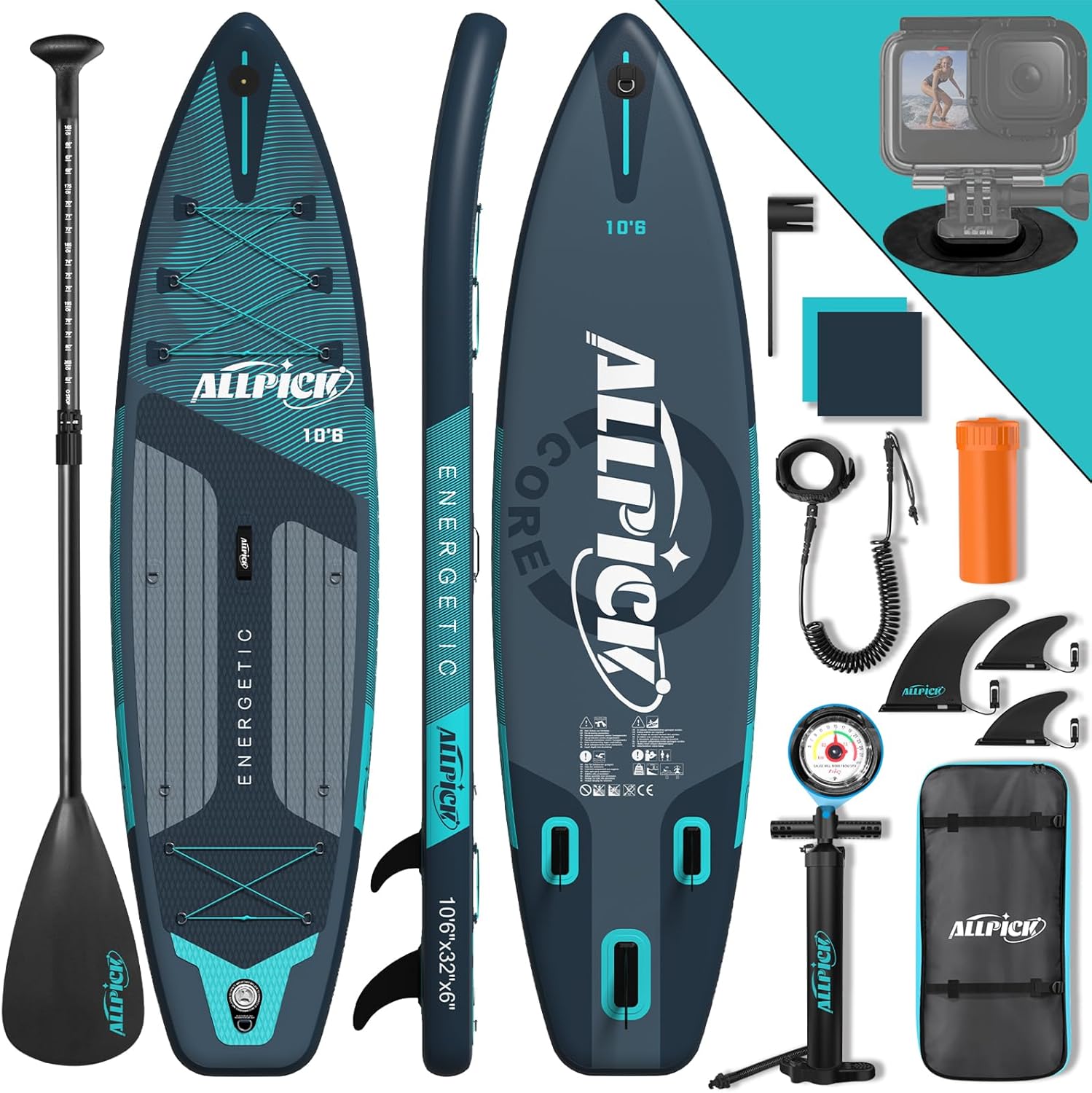 ALLPICK - Paddle gonflable 320 cm - caméra, pagaie réglable, 200 kg