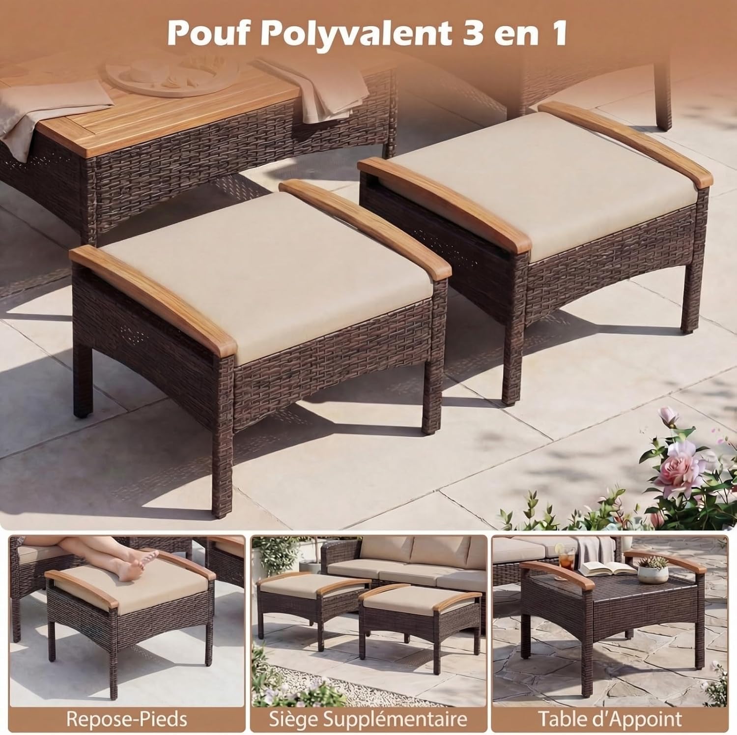 Salon de Jardin COSTWAY - 5 pièces en Rotin Jaune Terre - 2 fauteuils, 2 ottomans, table acacia, coussins amovibles - 14