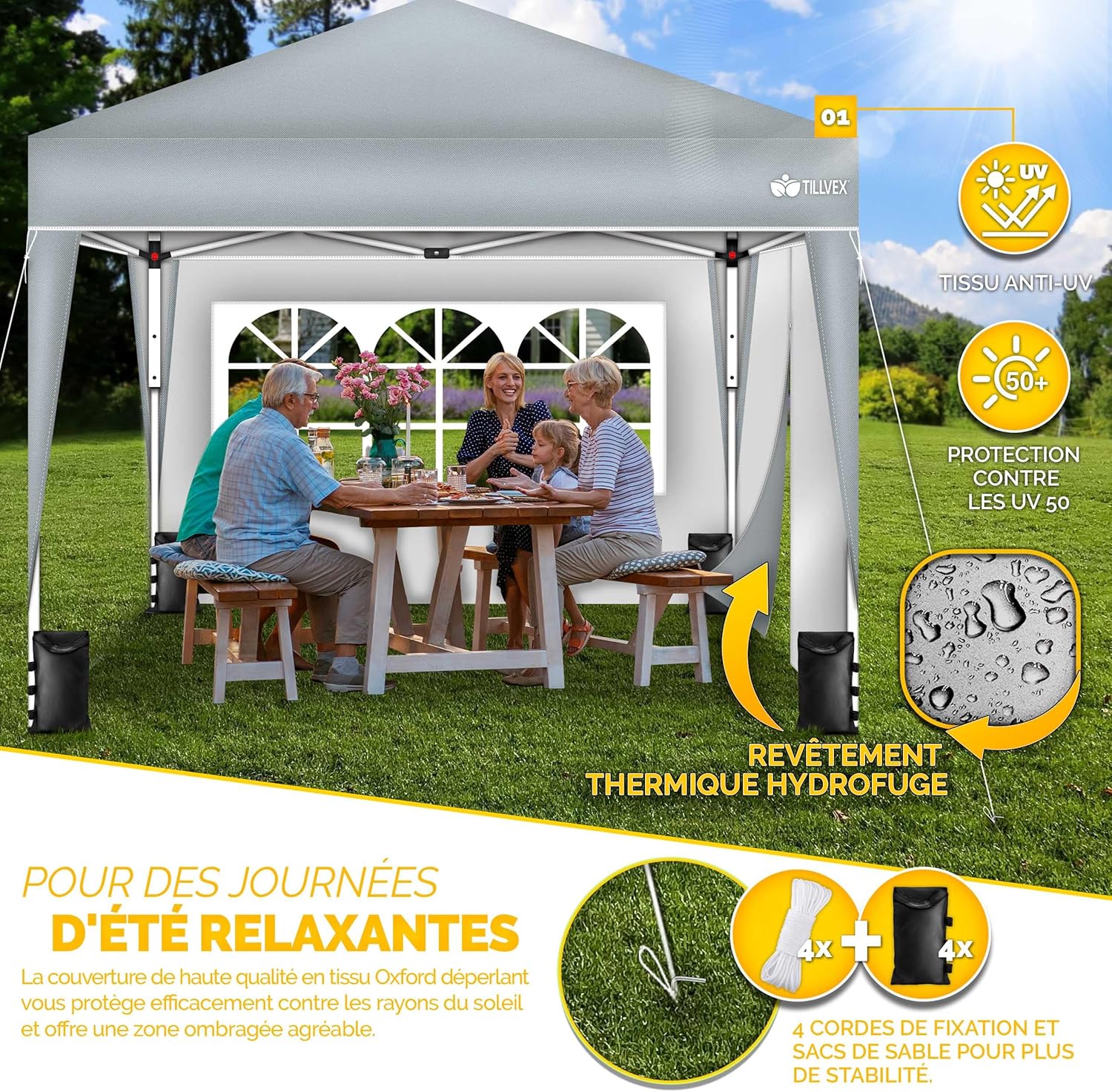 tillvex Tonnelle pliable imperméable 3 x 3 m - Pavillon de jardin Pop-up réglable en hauteur - Tonnelle de jardin protection UV 50+ avec sac - Gris - avec 2 parois