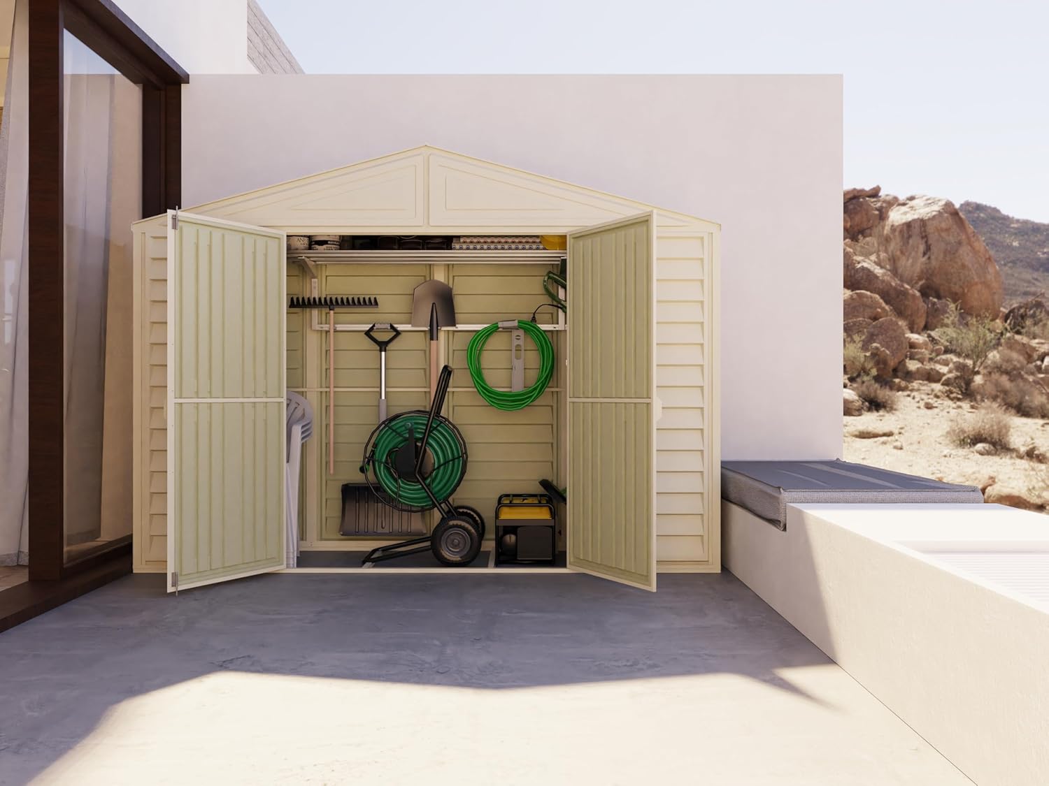 Duramax SidePro 10 x 3 (2.6 m²) Abri de jardin en plastique avec kit de fondation en métal, structure de toit en métal robuste, abri en vinyle sans entretien - Ivoire