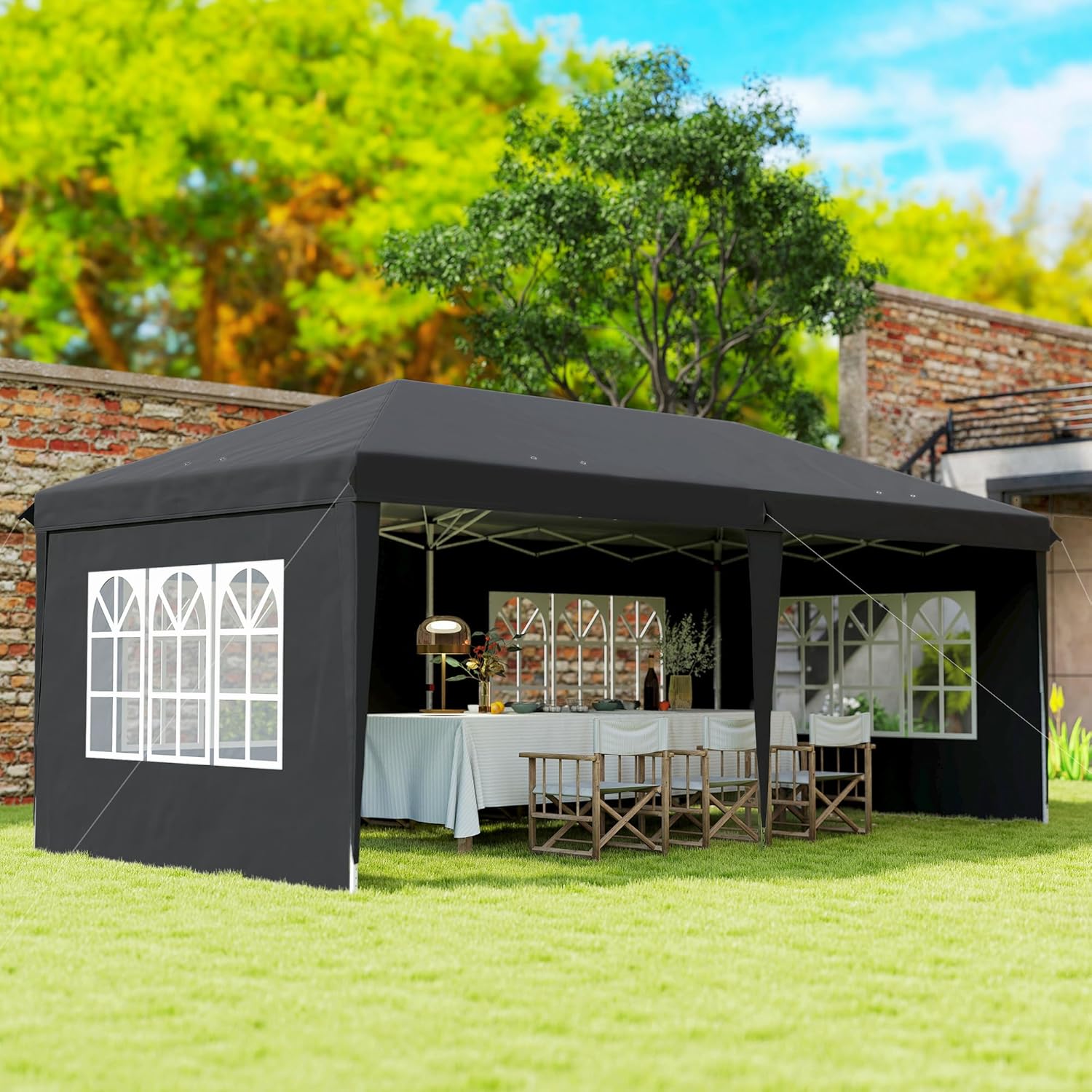 Outsunny - Tonnelle pliante pop-up 3x6m - 3 côtés amovibles, sac de transport, piquets, noir