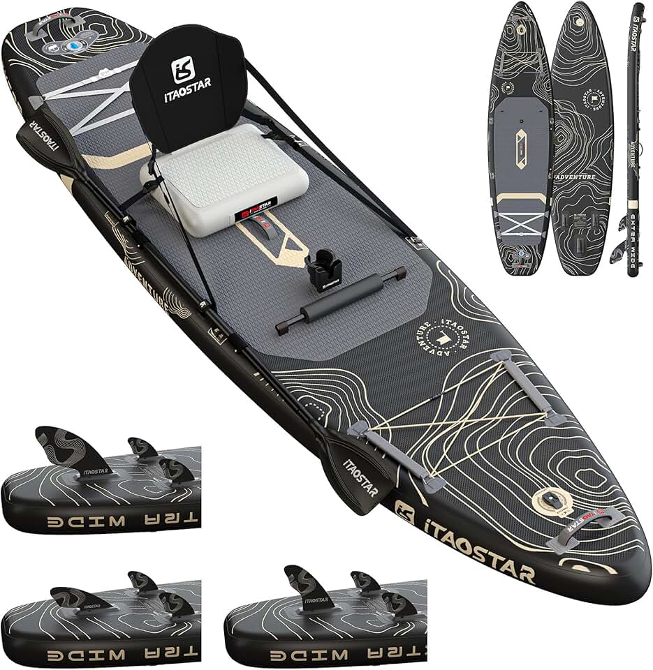 iTAOSTAR Adventure 365×88cm Planche de Paddle Extra Large avec siège, Accessoires Sup Haut de Gamme Tout-en-Un, 5 ailerons sur Mesure, Planches de Paddle gonflables Stables pour Adolescents/Adultes Global Recycled Standard