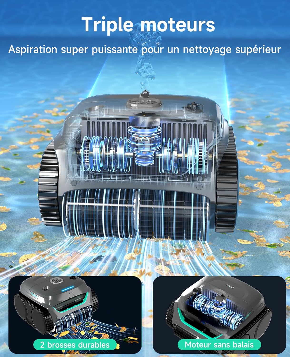 WYBOT - C2 - pour piscines 150㎡ - double filtration, 3 moteurs, 180min, fond & parois
