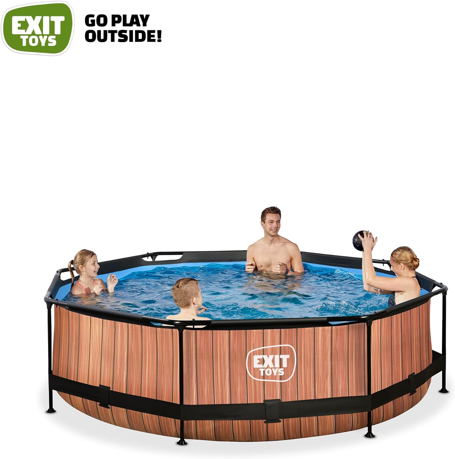 EXIT TOYS Piscine Tubulaire Wood - ø300x76cm - Piscine Hors Sol Ronde avec Pompe Filtrante à Cartouche - Entrée Basse - Idéal pour Les Jeunes Enfants - Cadre Stable - Design Unique - Marron