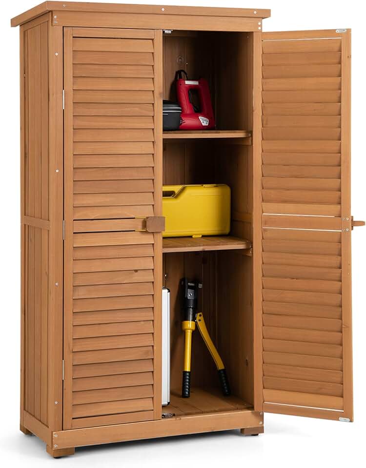 COSTWAY - Abri de jardin 160 cm - Bois, toit asphalte, 2 portes verrouillables, étagères amovibles