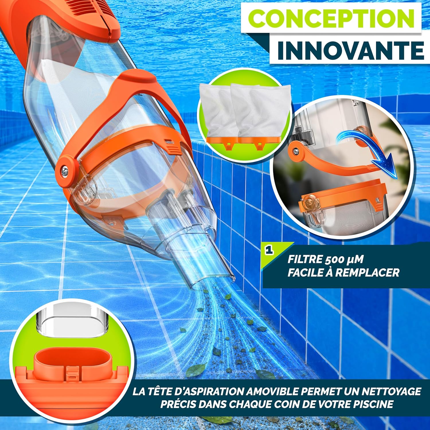 tillvex - Aspirateur piscine électrique, manche téléscopique, 60 min autonomie, filtre intégré